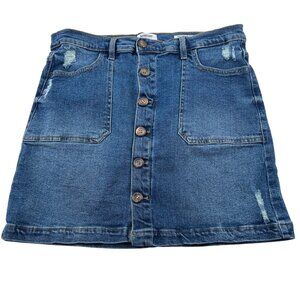 Kensie Jeans Women's High Rise Distressed Denim Skirt Blue Front‎ Button Closure